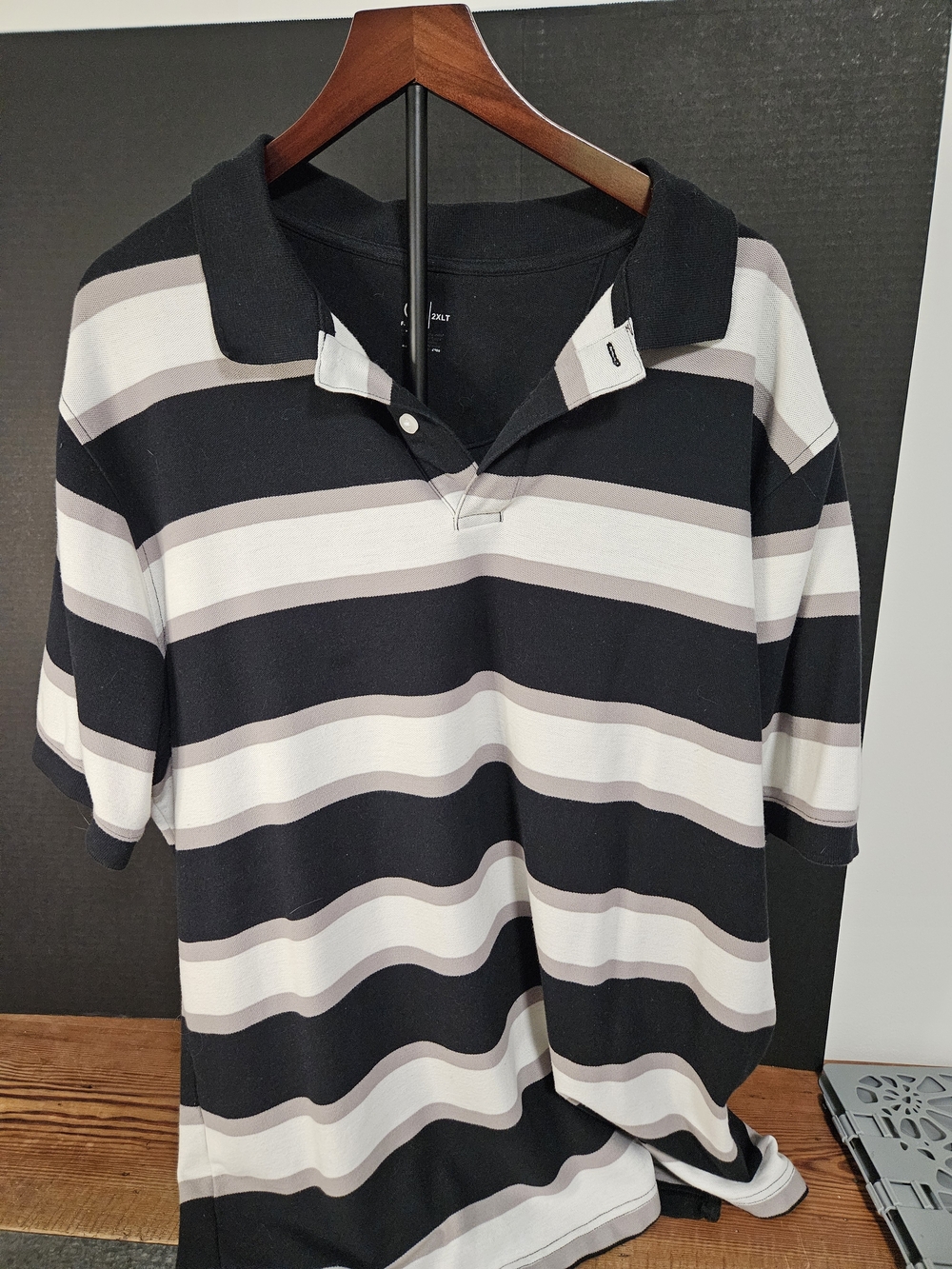 Harbor Bay Black, White & Gray Striped Polo Shirt